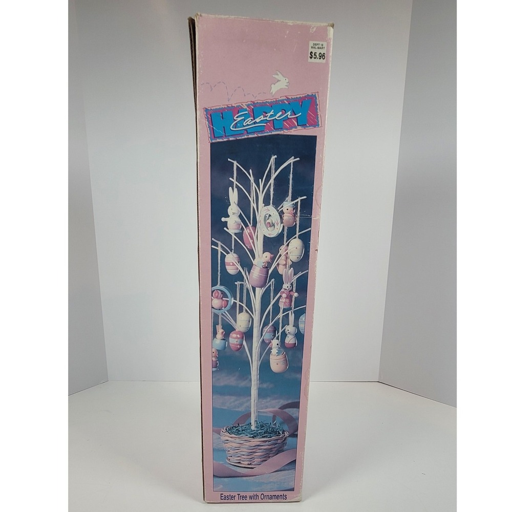 Vintage Easter Tree with 24 Hand Painted Wooden Ornaments 18 Inch Tabletop Decor